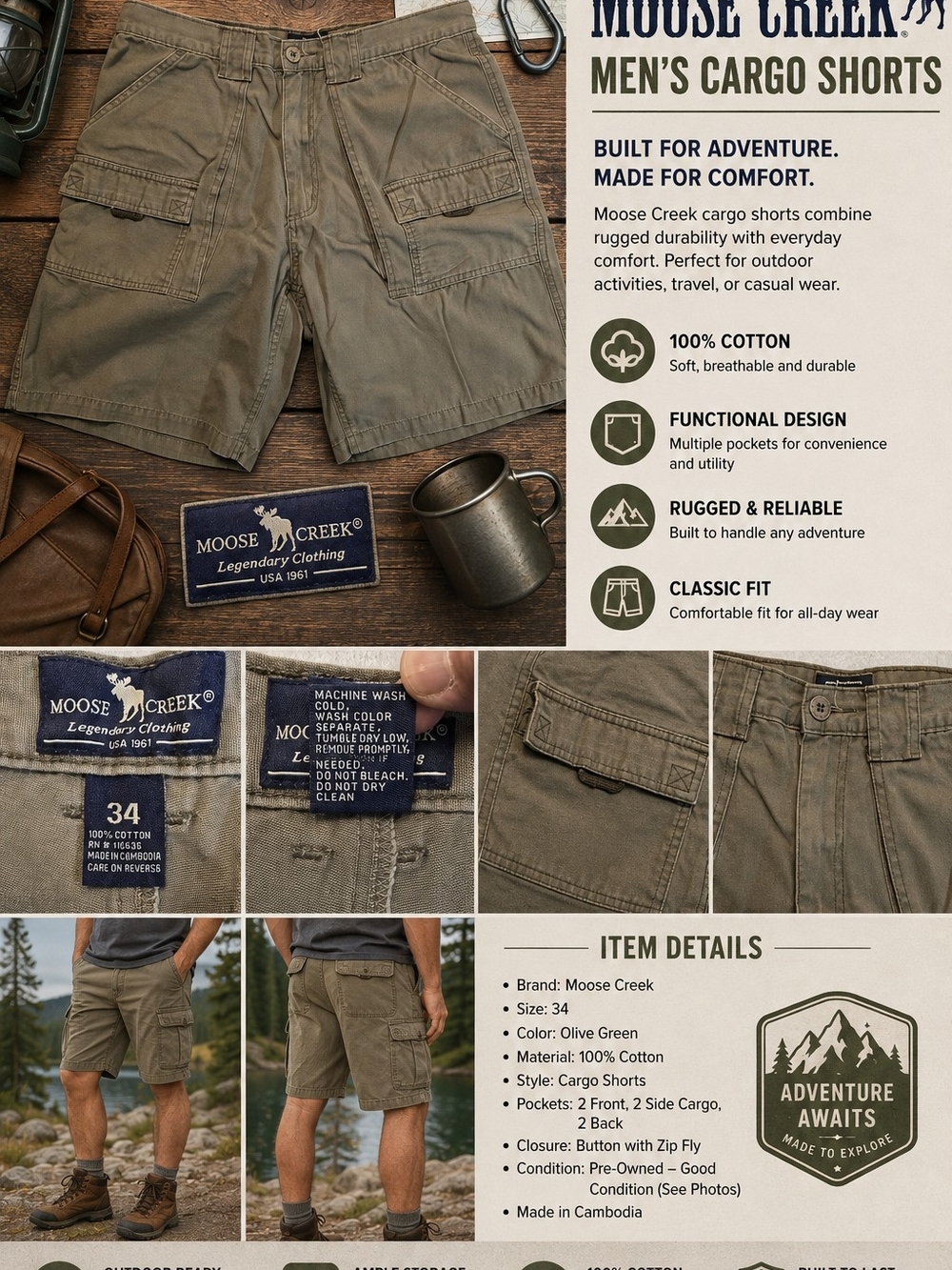 Moose Creek Mens 34 Cargo Shorts Olive Green Cotton Outdoor Hiking Workwear
